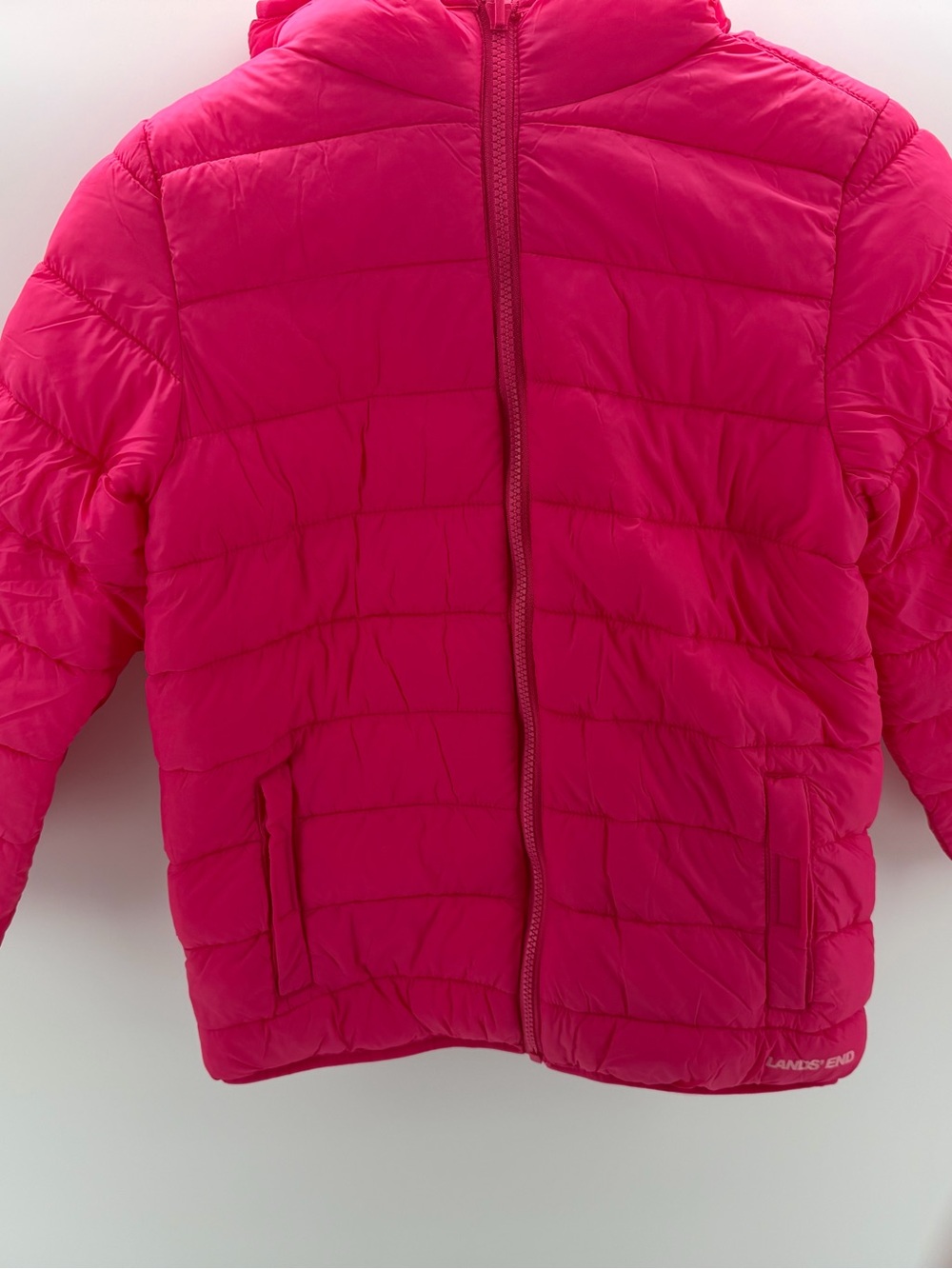 Lands' End Girls Reversible Bright Pink Quilted Puffer Jacket Size L
